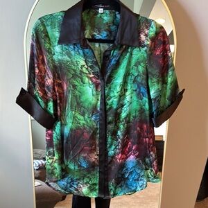 Colorful Women's washable silk  Top with Black Accents